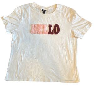 Rue21 White Pink Faux Fur Fluffy Hello Crew Neck‎ 100% Cotton T-Shirt Top XL